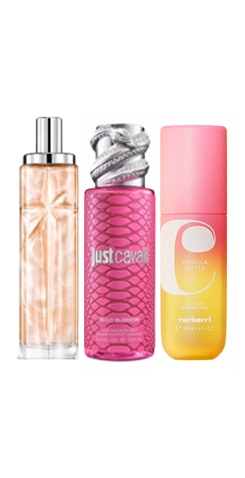 Roberto Cavalli Just Cavalli e Vanilla Cotta, profumi e body mist dalle note calde e gourmand in flaconi dai colori vivaci su sfondo chiaro